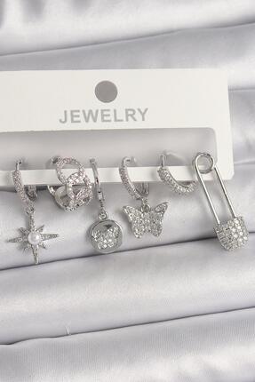 Oflia Gümüş Renk Sallantı Zirkon Taşlı Kelebek Figür Kadın Küpe Seti