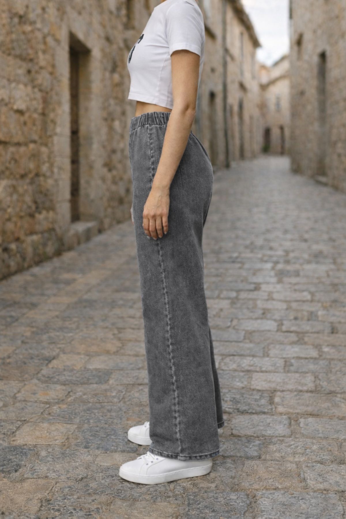 CEDY DENIM  - Likralı Kumaş Cepsiz Beli Lastikli Palazzo Pantolon C640- Açık Gri - Görsel 7