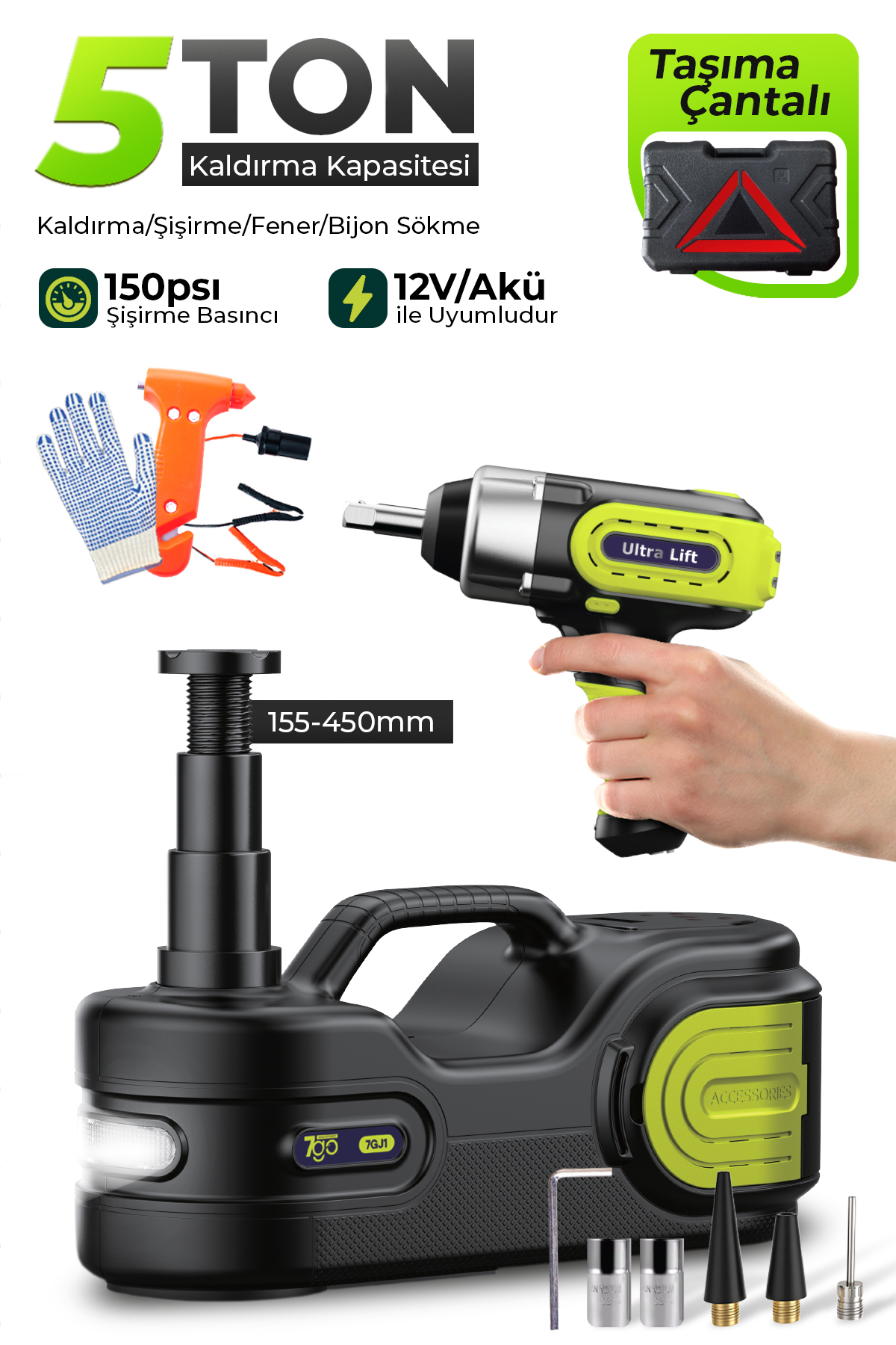 7GO 5 Ton 4in1 Profesyonel Elektrikli Hidrolik Kriko Seti - 12V