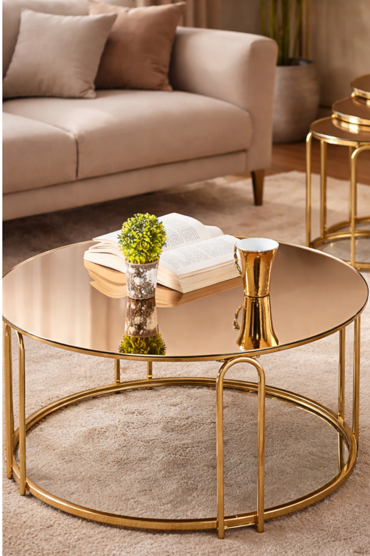 Salon Orta Bronz AYNALI Ayna LENKA (GOLD) Metal Ayak Orta Sehpa