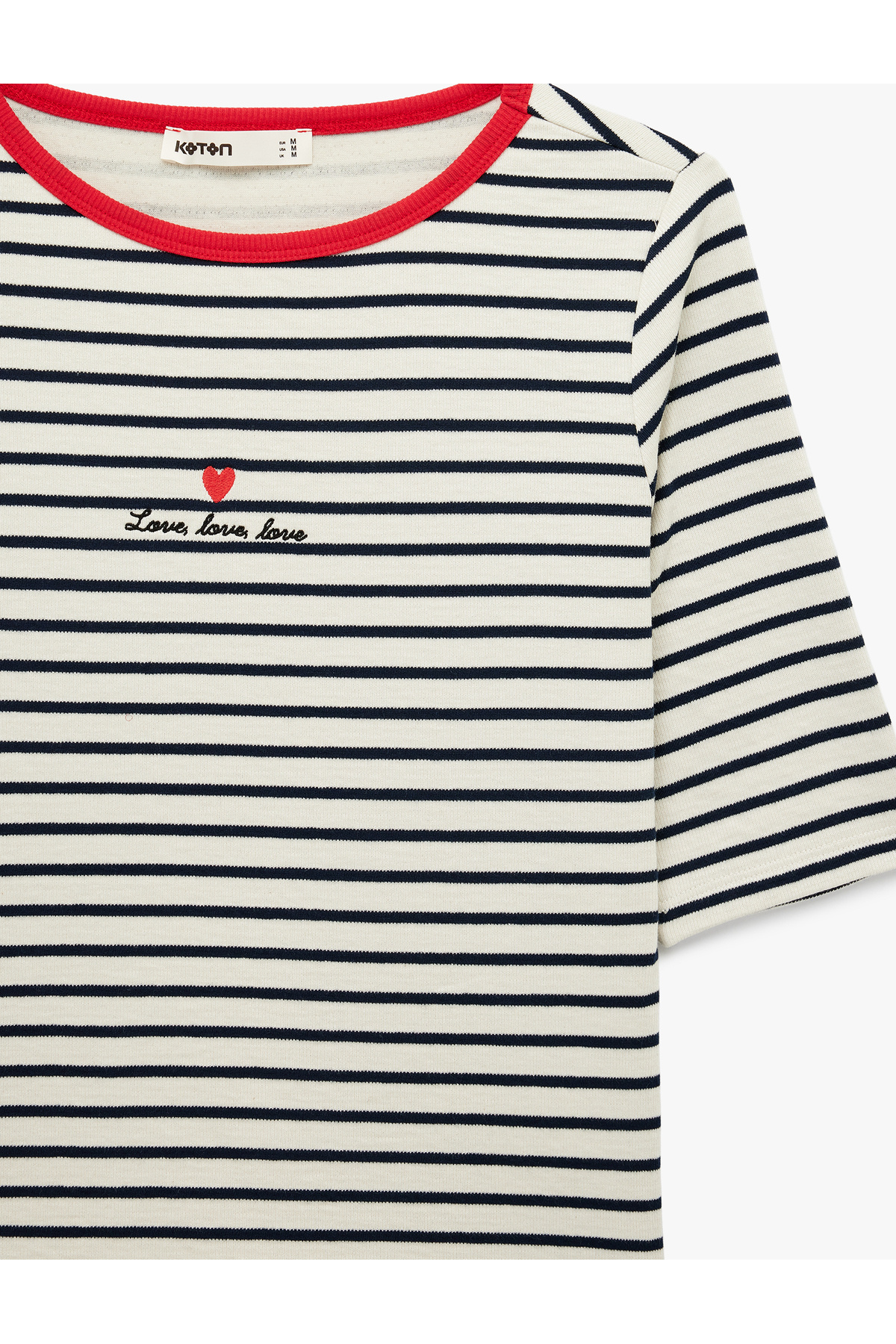 Koton  Slim Fit Kısa Kollu Bisiklet Yaka Kalpli Nakış Detaylı Çizgili Tişört - Görsel 5