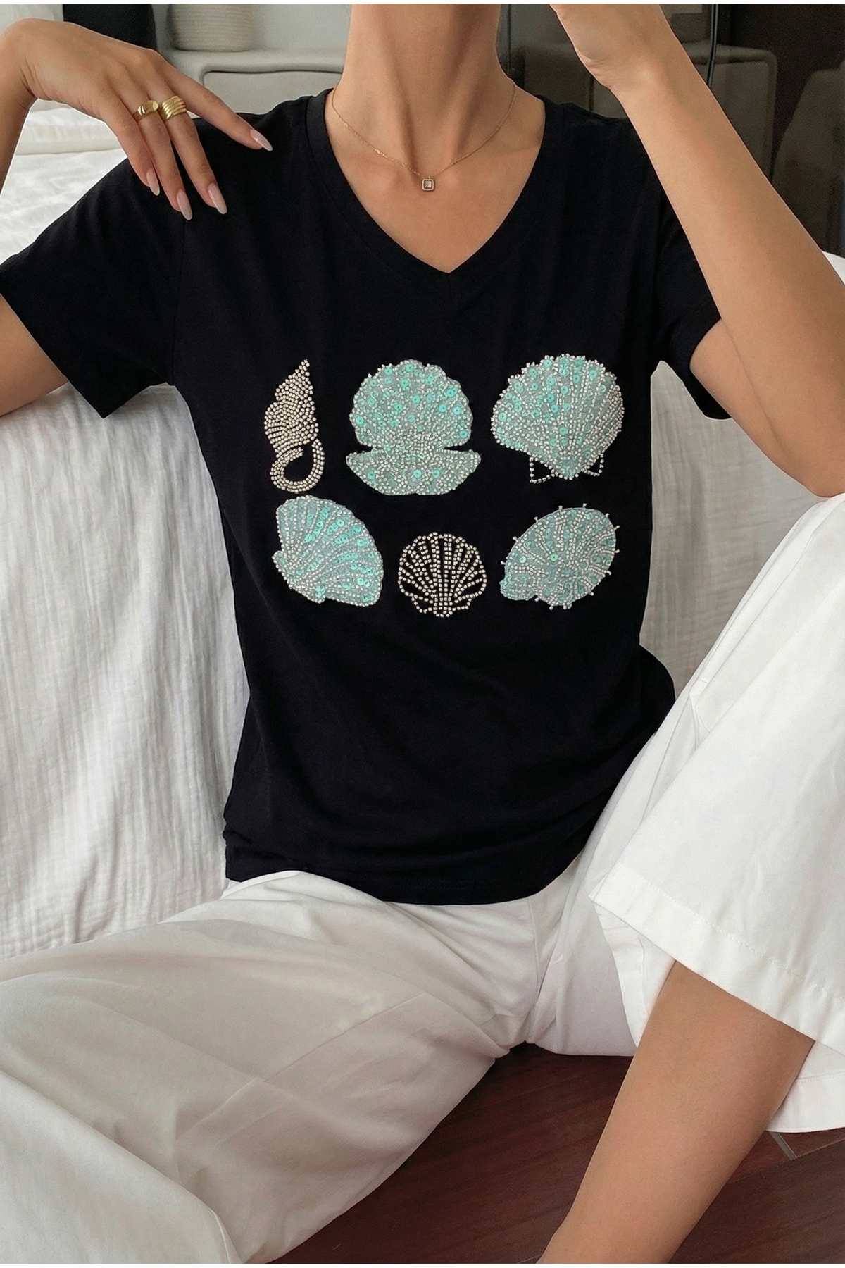 Black V-Neck 100% Cotton Beads And Sequin Embroidered T-Shirt