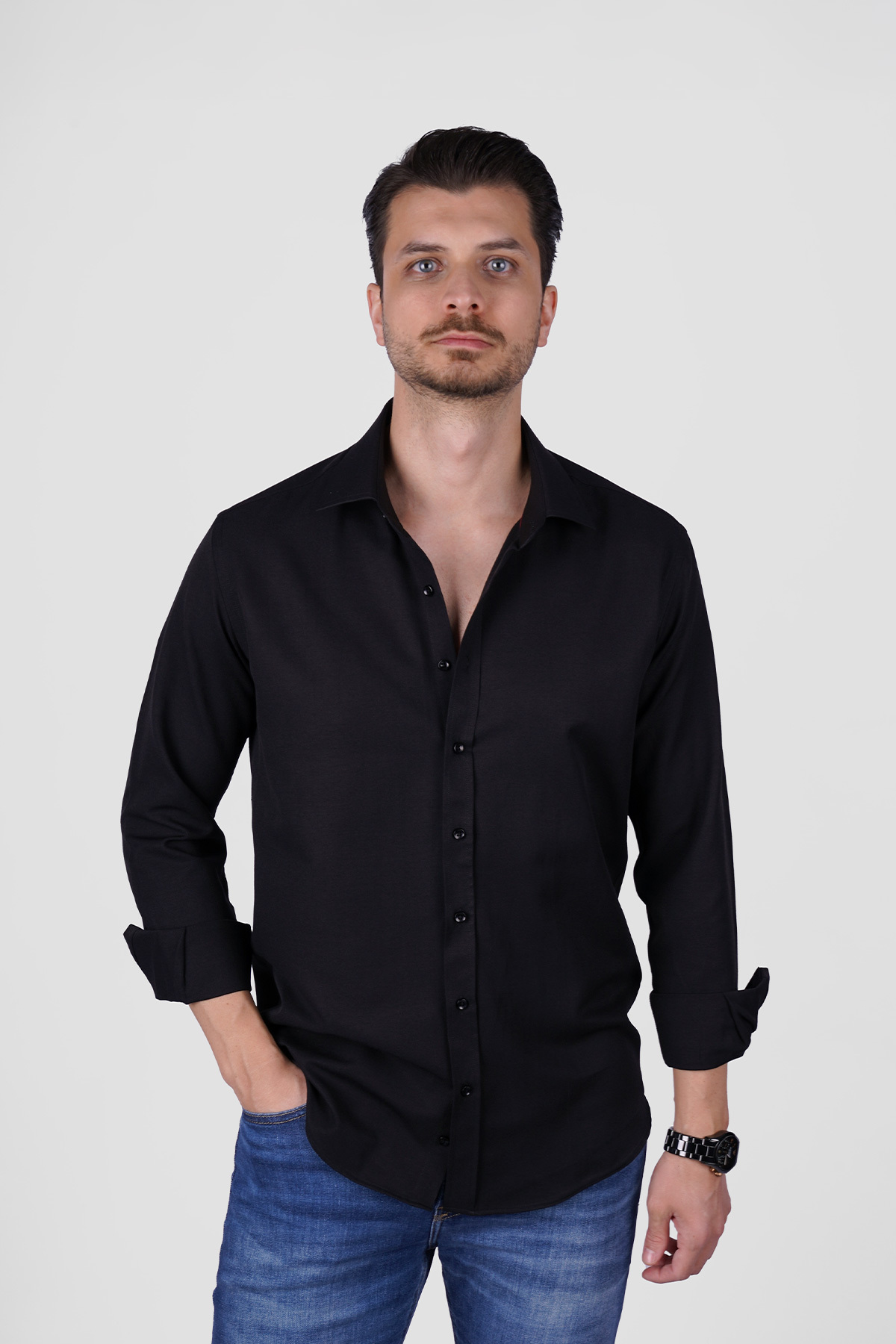 Etikmen  Optik Siyah Slimfit Erkek Gömlek - Görsel 7