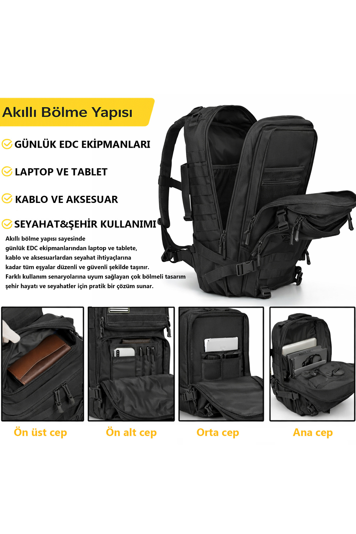 HAEGS  Taktik Sırt Çantası, Seyahat Çantası, Ordu Derecesinde Sağlam, Seyahat Sırt Çantası 45L -Siyah - Görsel 7