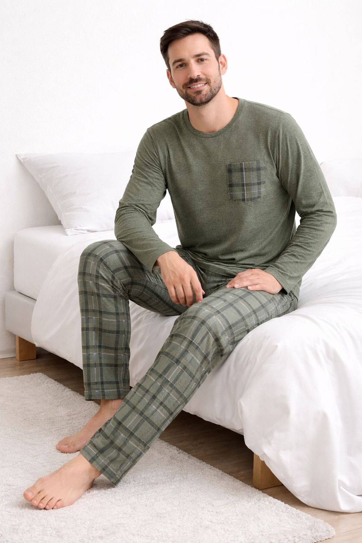 STELLAPİNK  Erkek Penye Ekoseli Uzun Pijama Takımı