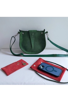 Tahtadenizi Koyu Yeşil Hakiki Deri Kadın Omuz Çantası El Yapımı