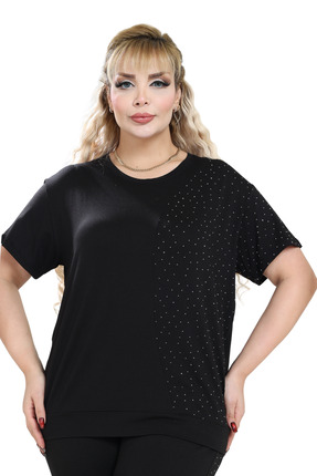 MELSAY Kadın Siyah Kısa Kol Yarım Taş Baskılı Beli Lastikli Kapri Takım