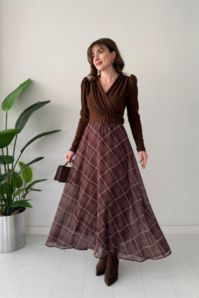 MOZENA Kruvaze Yaka Ekose Etekli Kemerli Krep Midi Elbise