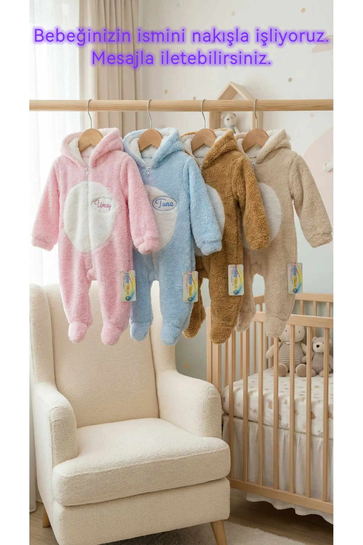 Baby Clime 0–12 Ay İsimli Bebek Tulumu – Peluş Ayıcık Kapüşonlu Ayaklı Tulum fotoğrafı 2 (önizleme)