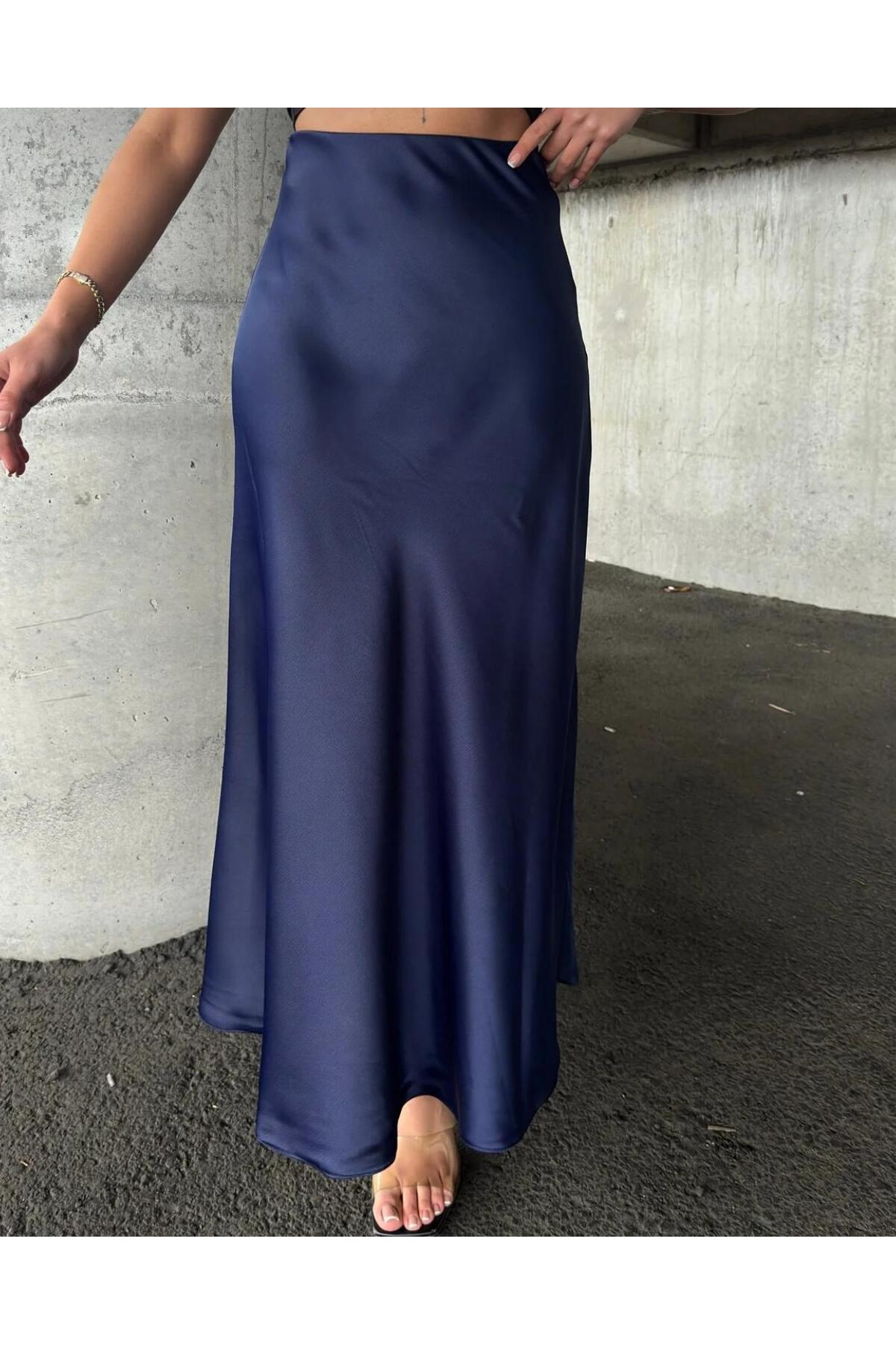 Mynoa  Şık parlak Saten Kemeri Lastikli 94cm Kloş Maxi Boy Etek - Görsel 2