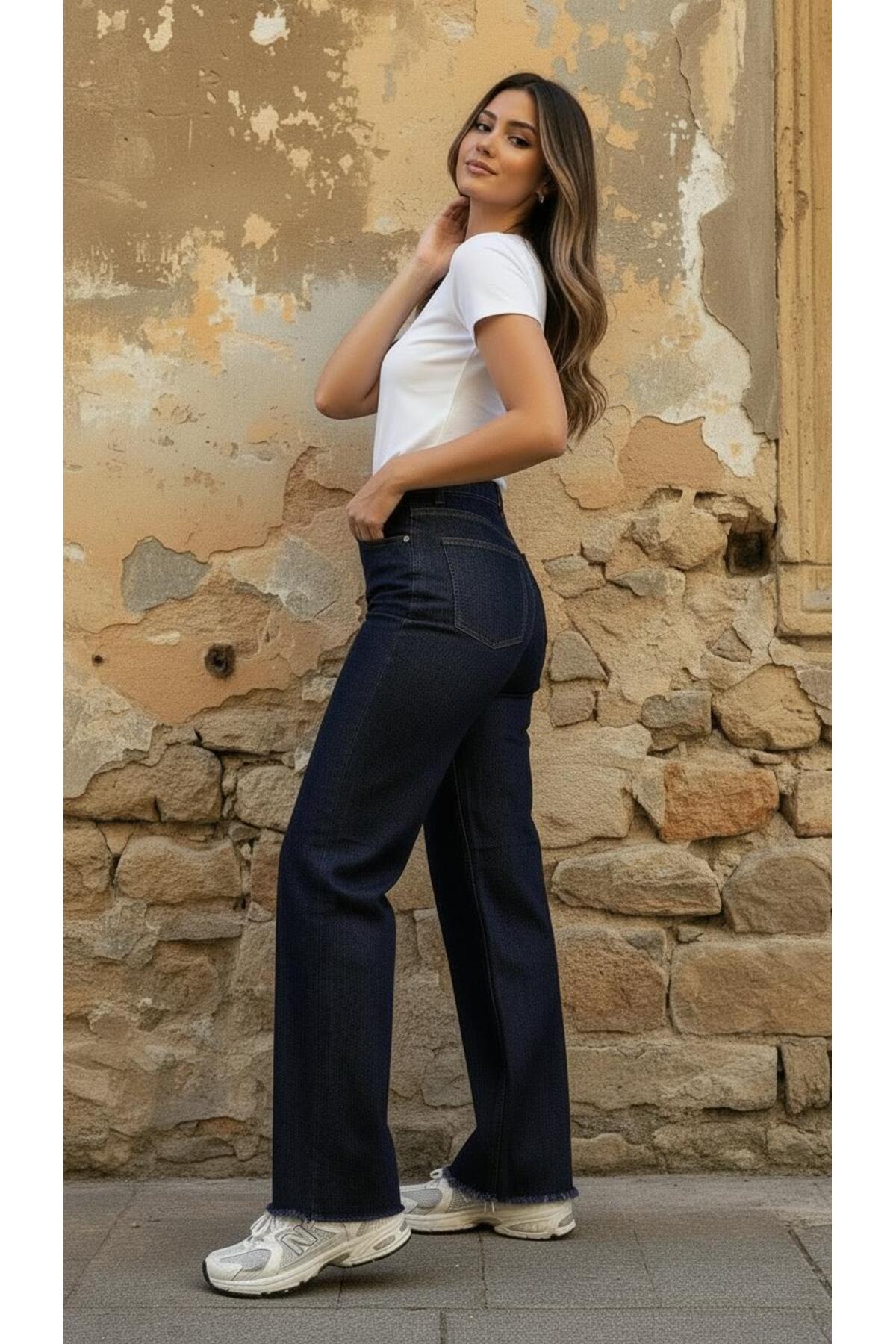 geenz manifacture  Dark Blue Koyu Lacivert Wide Leg Kesik Paça Likrasız Palazzo Jeans Palazzo Pantolon - Görsel 4