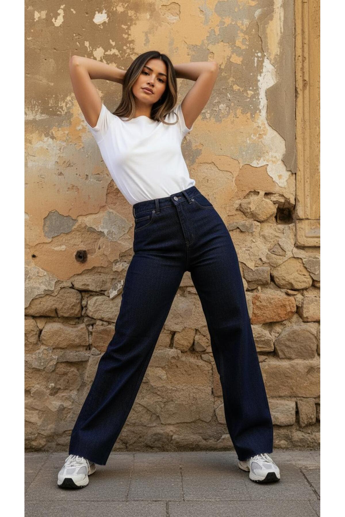 geenz manifacture  Dark Blue Koyu Lacivert Wide Leg Kesik Paça Likrasız Palazzo Jeans Palazzo Pantolon - Görsel 3
