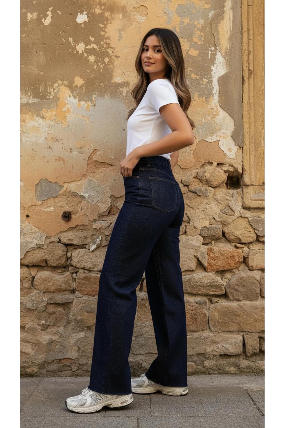 geenz manifacture  Dark Blue Koyu Lacivert Wide Leg Kesik Paça Likrasız Palazzo Jeans Palazzo Pantolon - Görsel 2