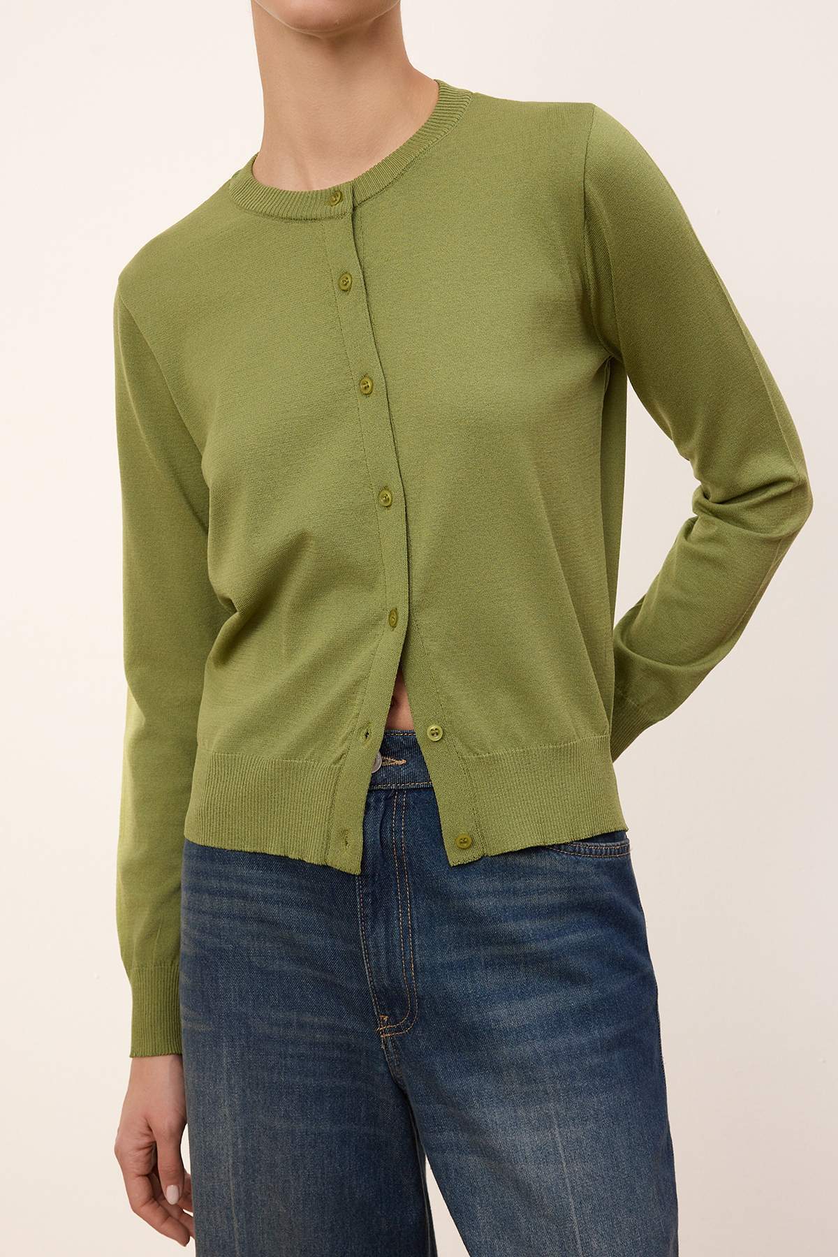 Trendyolmilla  Wardrobe Essentials Yeşil Merserize Görünümlü Bisiklet Yaka Triko Hırka|TWOAW26HI00095 - Görsel 3