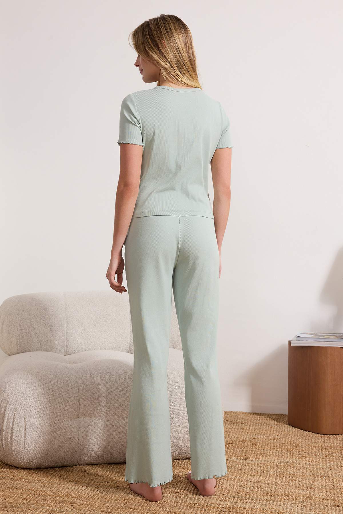 Trendyolmilla  Mint %100 Pamuklu Baby Overloklu Fitilli Hırkalı Örme Pijama Takımı THMSS26PT00028 - Görsel 4