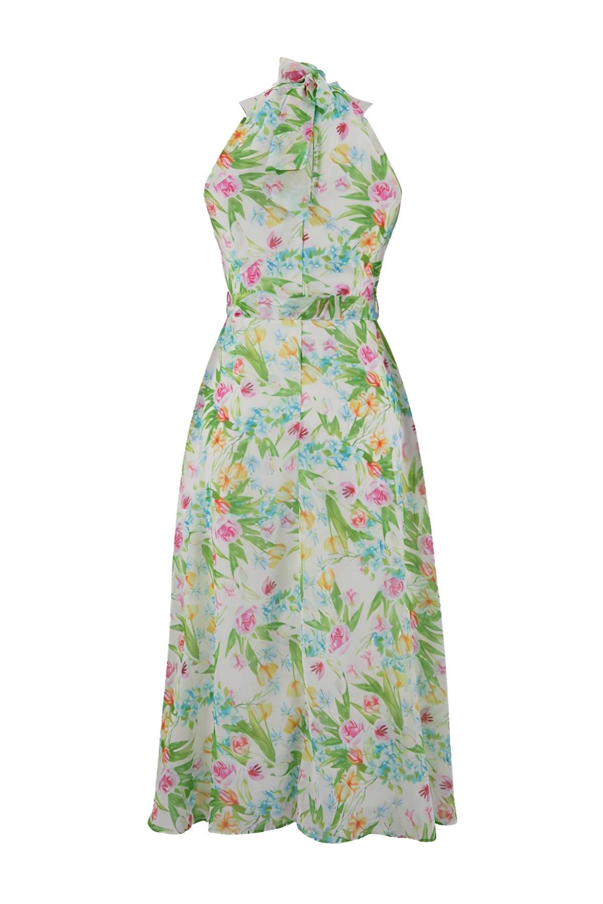 Trendyolmilla  Beyaz Çiçek Desenli Kuşaklı A Kesim Halter Yaka Astarlı Şifon Uçuş Uçuş Midi Elbise TWOSS20EL2536 - Görsel 11