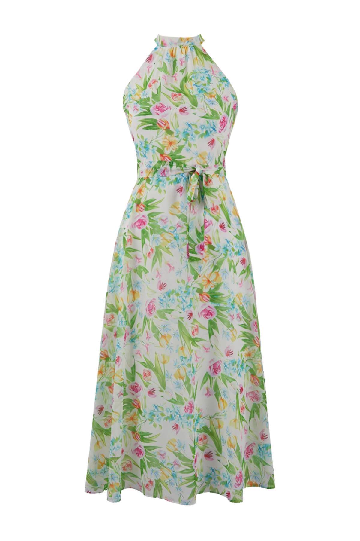 Trendyolmilla  Beyaz Çiçek Desenli Kuşaklı A Kesim Halter Yaka Astarlı Şifon Uçuş Uçuş Midi Elbise TWOSS20EL2536 - Görsel 9