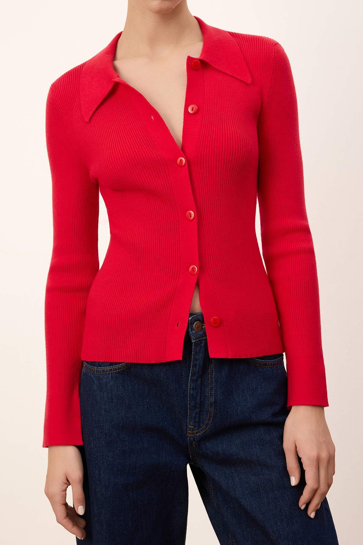 Trendyolmilla  Wardrobe Essentials Kırmızı Premium İplik Polo Yaka Triko Hırka | TWOAW26HI00225 - Görsel 3