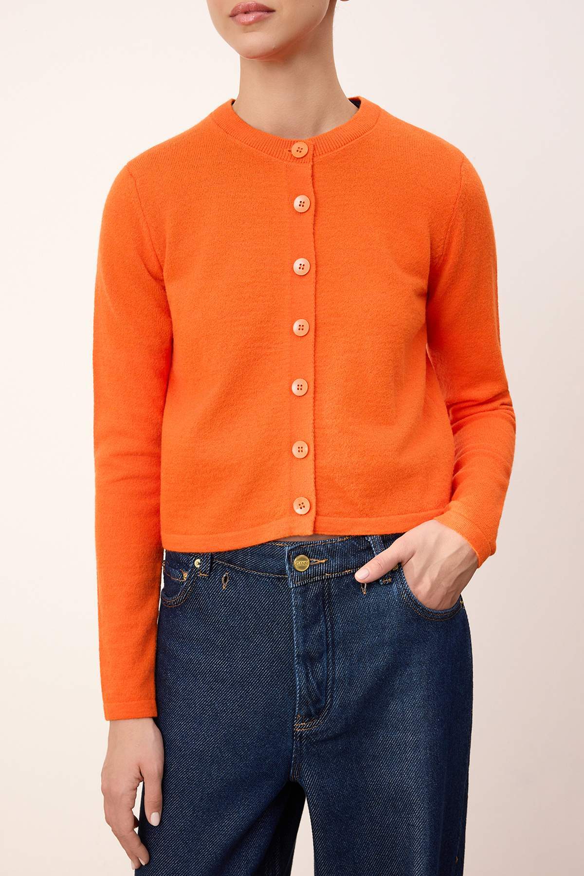 Trendyolmilla  Wardrobe Essentials Turuncu Yünlü Ceket Görünümlü Triko Hırka TWOAW25HI00049 - Görsel 3