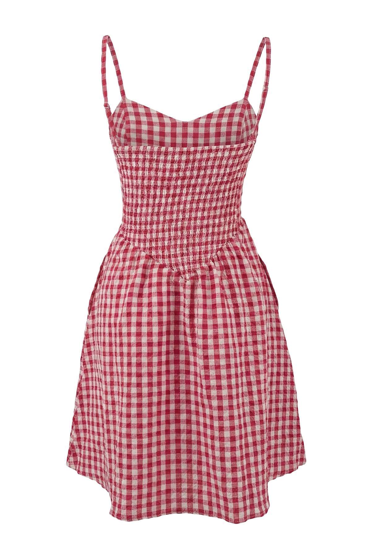 Trendyolmilla  Kırmızı Ekose Desenli Dokuma Gipeli Mini Plaj Elbisesi TBESS26EL00016 - Görsel 6