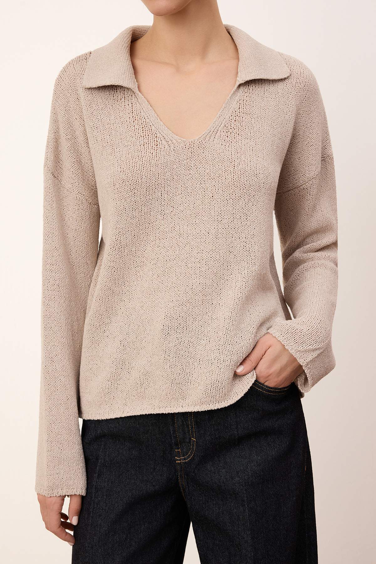 Trendyolmilla  Wardrobe Essentials Vizon Geniş Kalıp Bluz Görünümlü Triko Kazak TWOSS26KZ00001 - Görsel 3