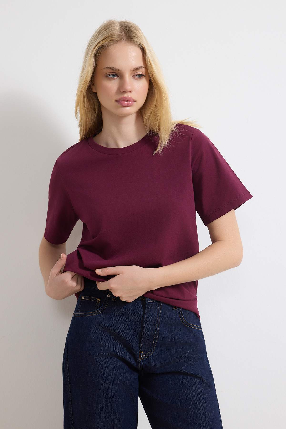 Trendyolmilla  Mürdüm-Taş %100 Pamuk Bisiklet Yaka 2'li Paket Örme T-Shirt TWOSS20TS0141 - Görsel 3