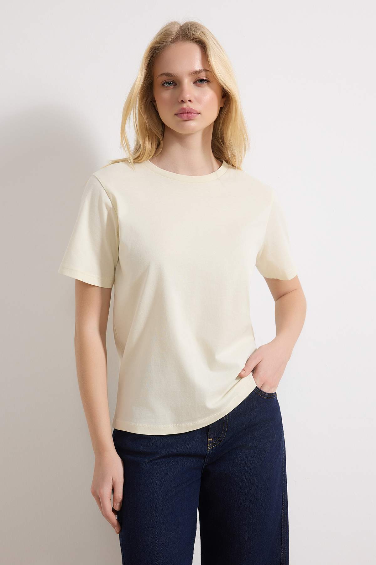 Trendyolmilla  Mürdüm-Taş %100 Pamuk Bisiklet Yaka 2'li Paket Örme T-Shirt TWOSS20TS0141 - Görsel 6