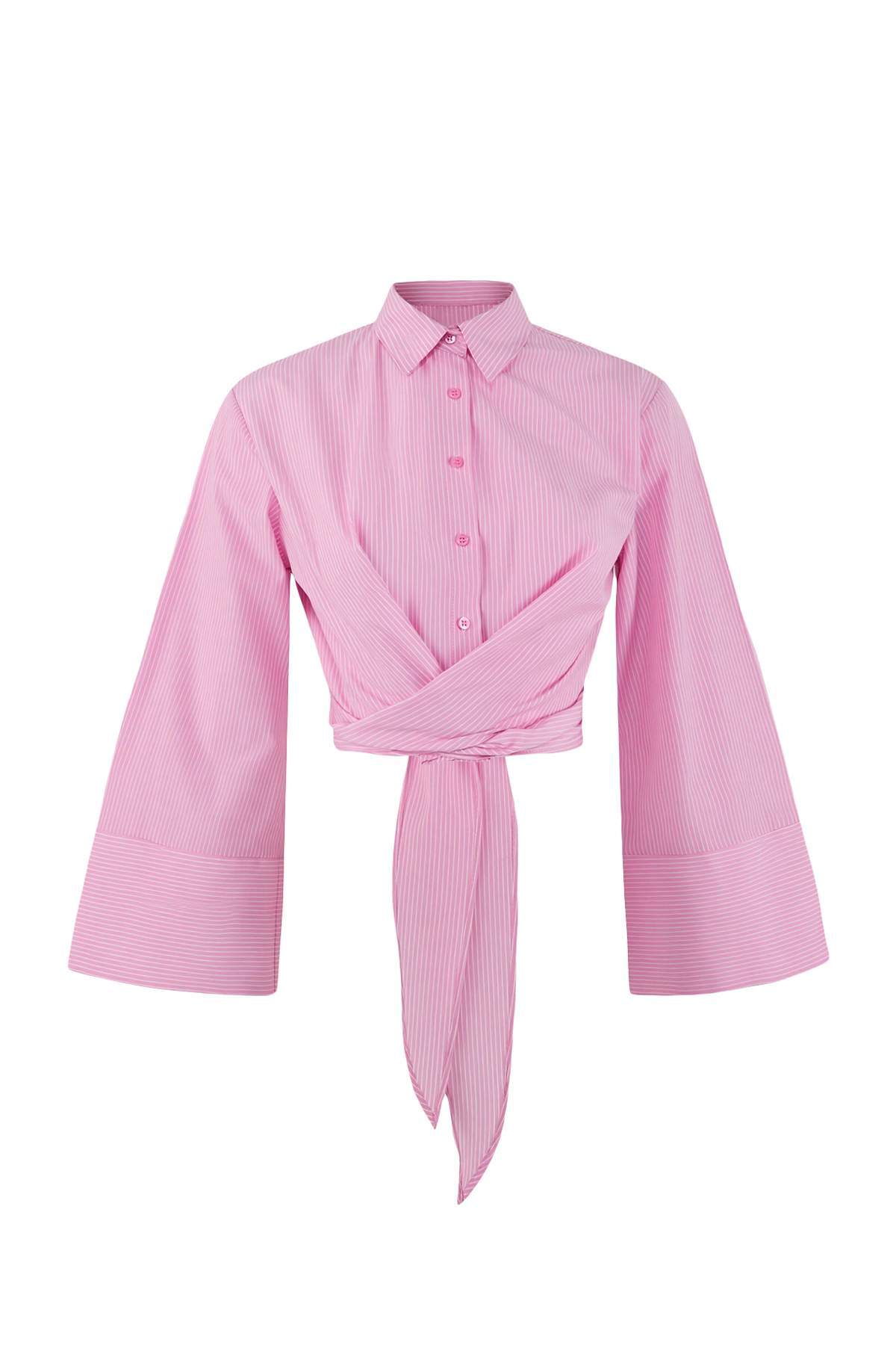 Trendyol Collection Rosa gestreiftes, hinten gebundenes Crop-/Kurzhemd TWOSS2...