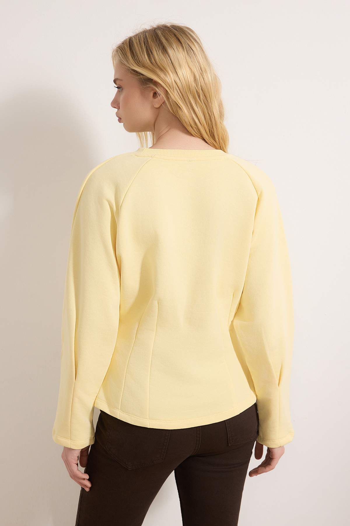 Trendyolmilla  Açık Sarı Kalın Şardonsuz Belden Oturmalı Bisiklet Yaka Örme Sweatshirt TWOAW26SW00068 - Görsel 4