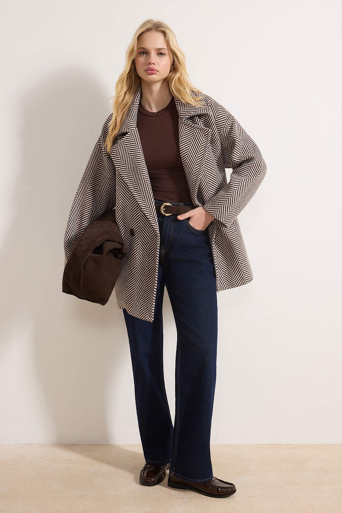 Trendyolmilla Vizon Oversize Diagonel Mono Kapama Midi Kaşe Kaban TWOAW26KB00075