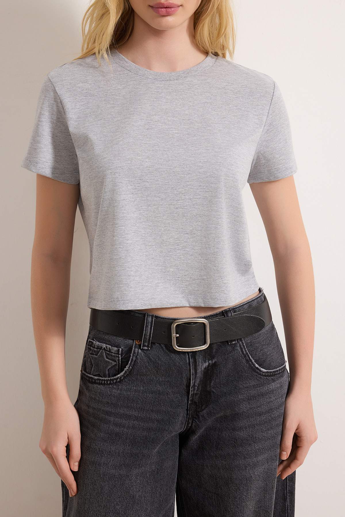 Trendyolmilla  Gri Melanj-Siyah 2'li Paket %100 Pamuk Crop Bisiklet Yaka Örme T-Shirt TWOSS20TS1480 - Görsel 3