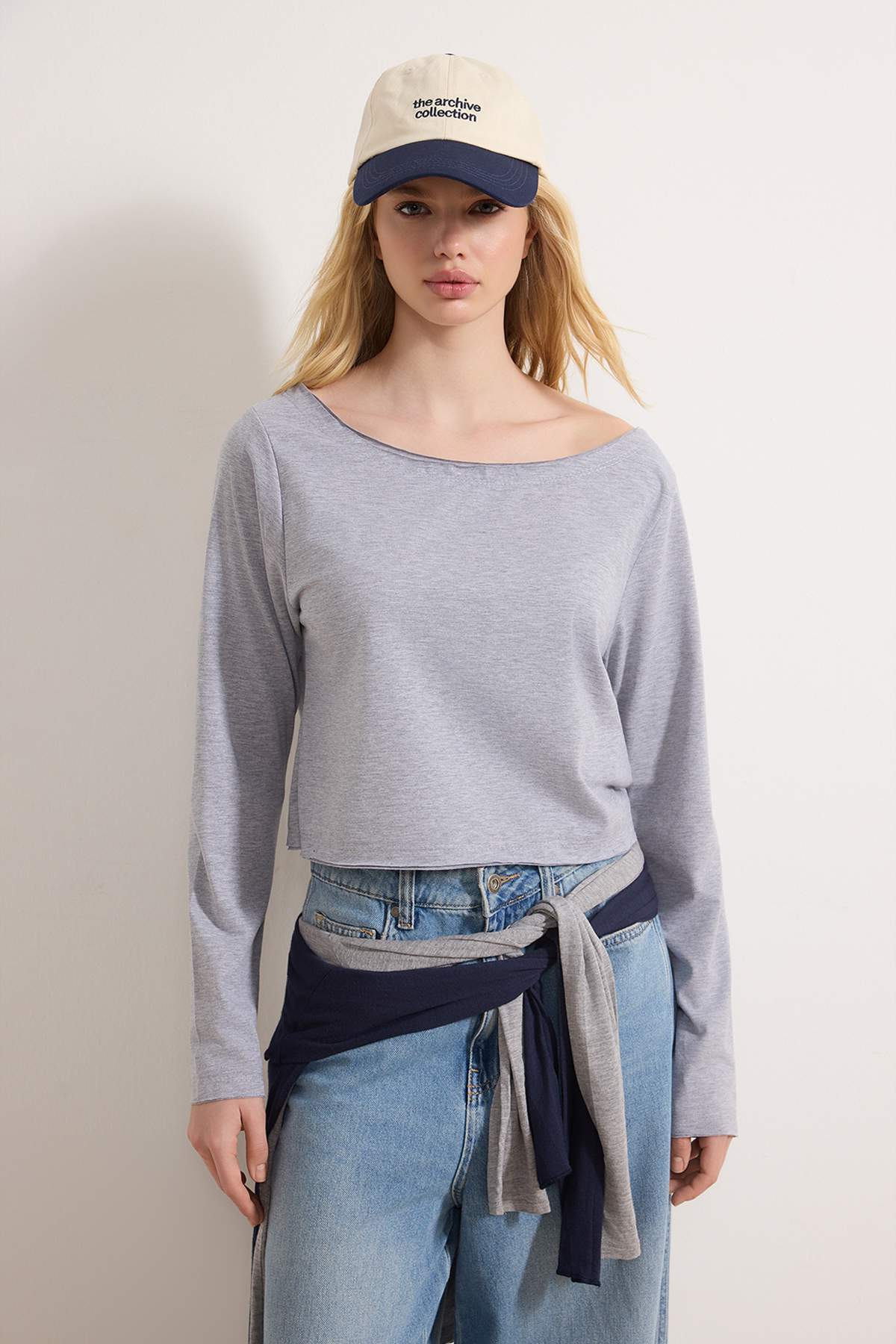 Trendyolmilla  Teen Lacivert-Gri Melanj %100 Pamuk Açık Omuzlu Yaka Rahat Kesim Örme T-Shirt TWOAW26TS00016 - Görsel 7