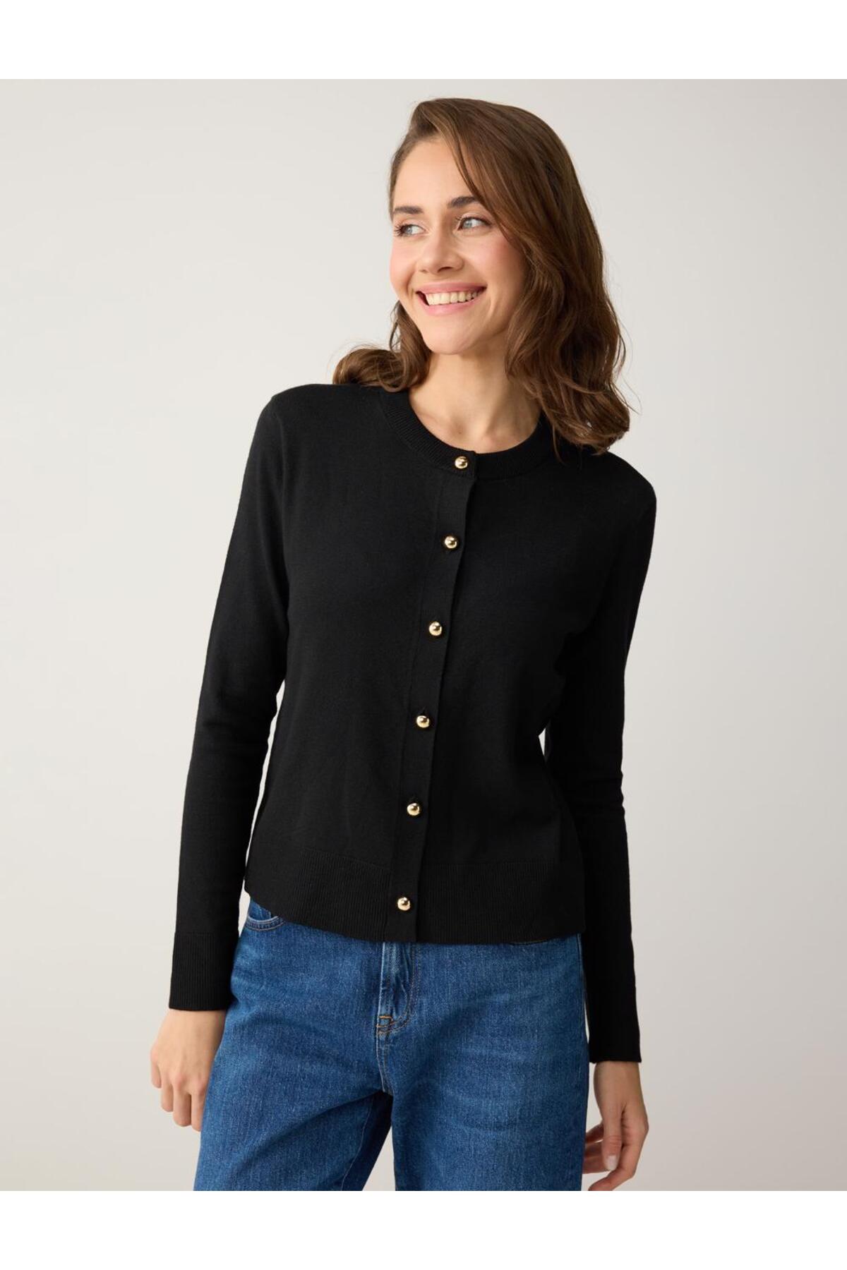 Jimmy Key  Siyah Parlak Düğme Detaylı Yuvarlak Yaka Triko Hırka - Görsel 4
