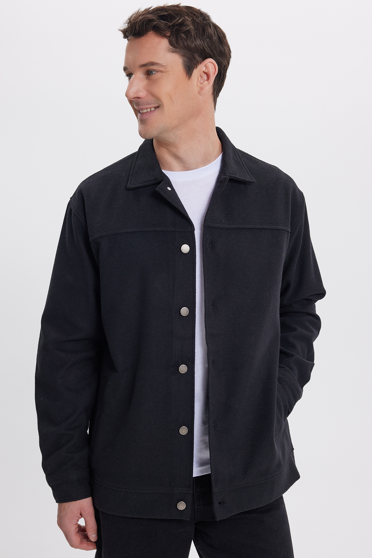 Tudors  Erkek Relax Fit Rahat Kesim Yandan Flota Cep Oduncu Siyah Kaşe Ceket Mont Gömlek - Görsel 2