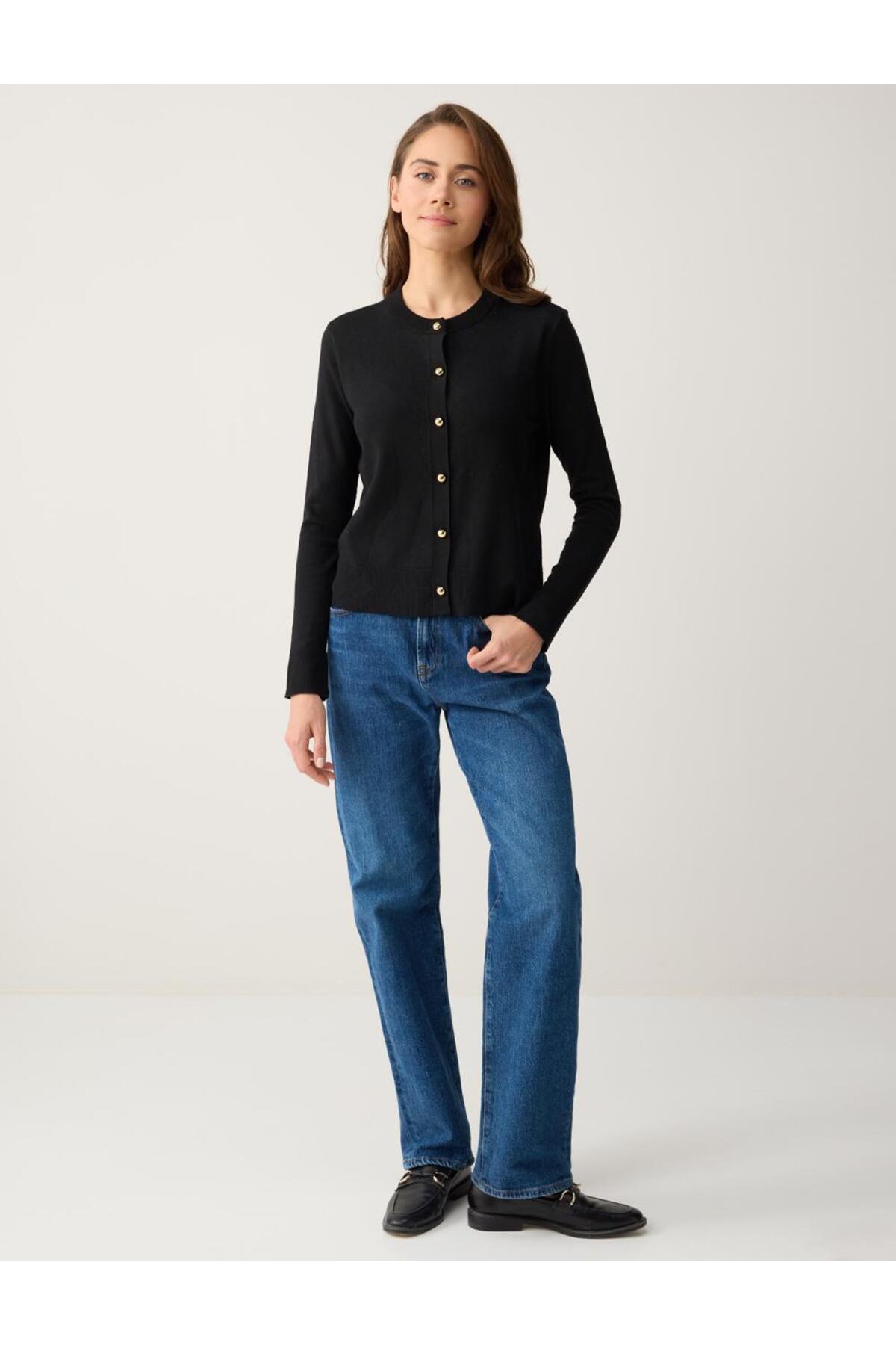 Jimmy Key  Siyah Parlak Düğme Detaylı Yuvarlak Yaka Triko Hırka - Görsel 2