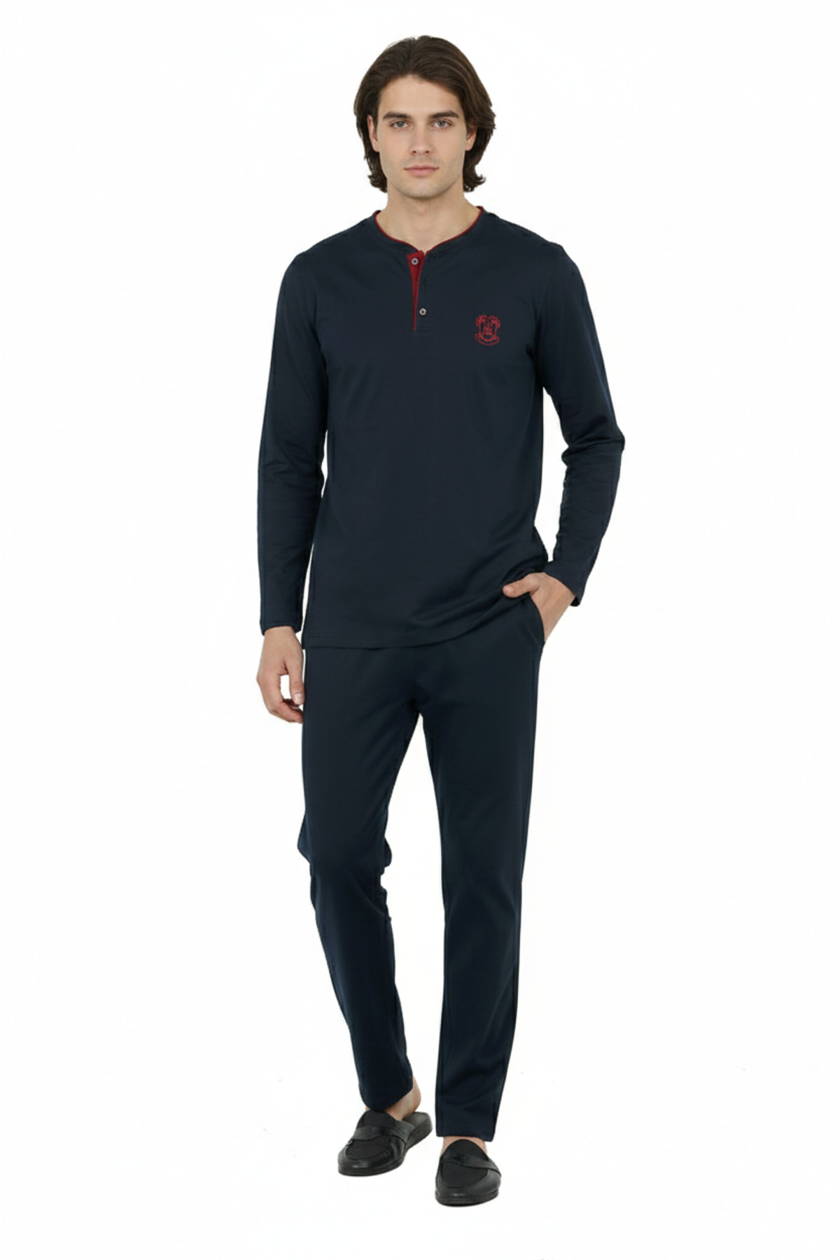 D'S Damat  D'S Regular Fit Cotton Düğmeli Yaka Pijama Takımı %100 Saf Pamuk Kumaş K.LACİVERT