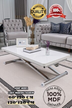 SEHPAM AKILLI Akıllı Sehpa Home Üst Tabla Mdf Beyaz Oval Köşe Alt Ayak Krom K...