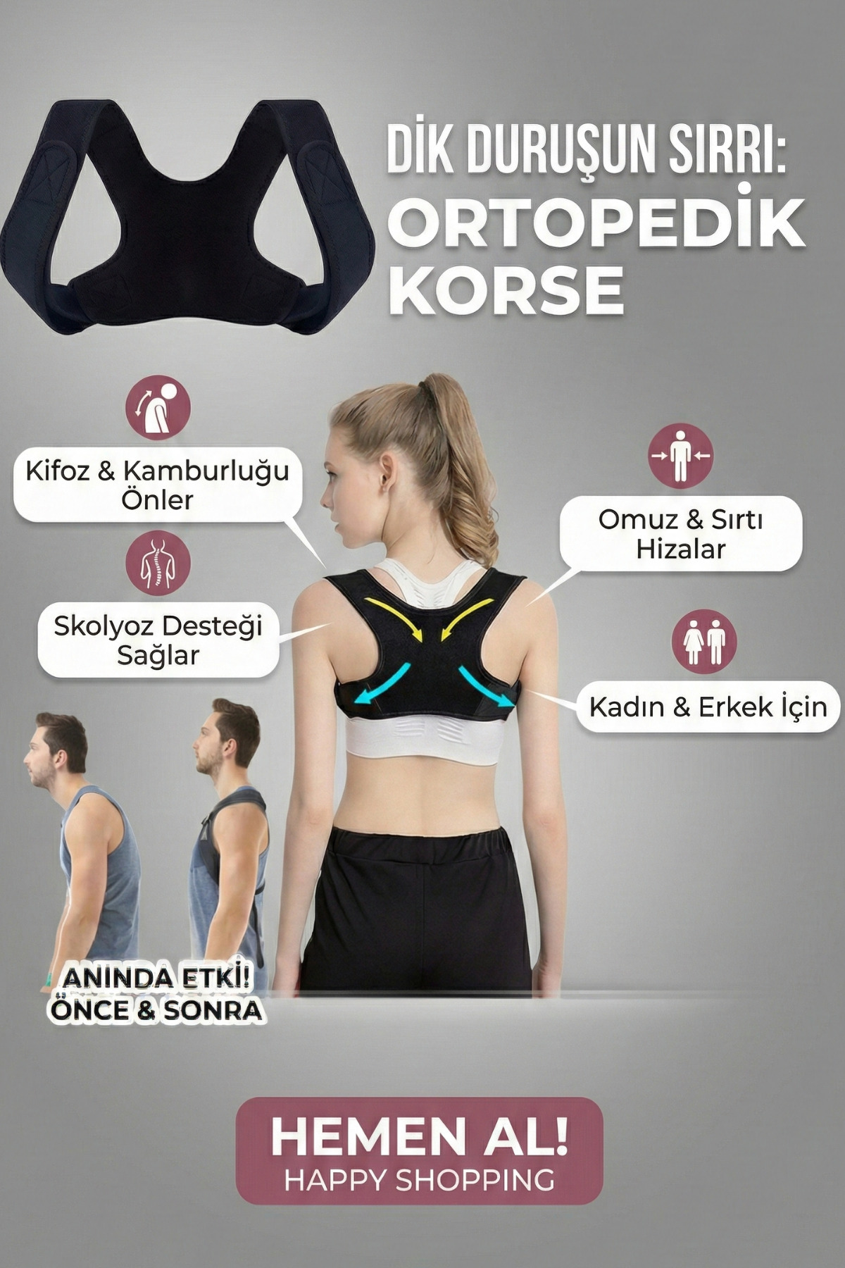 figiza Kifoz Skolyoz Kamburluk Önleyici Omuz Sırt Dik Duruş Korsesi Ortopedik Duruş Düzeltici Kadın Erkek görsel 4