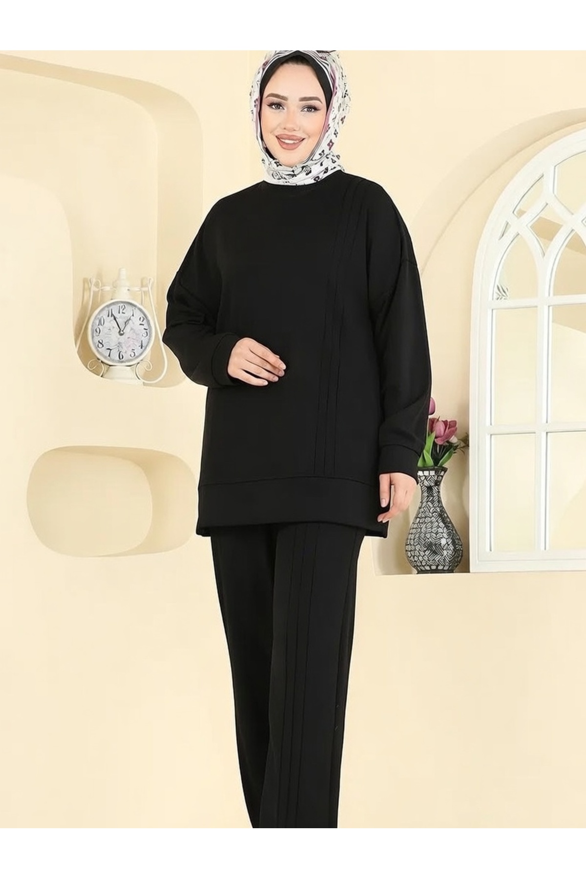 Women Hijab Clothing Modal Fabric Crew Neck Tunic Bottom Top Set with Self-Line Detail Black