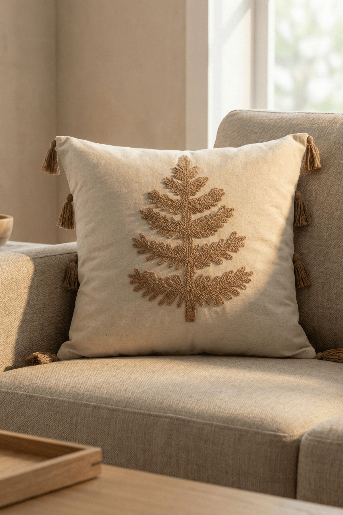 Colorful Tree Punch Embroidered Decorative Tassel Pillowcase Cotton 42x42cm