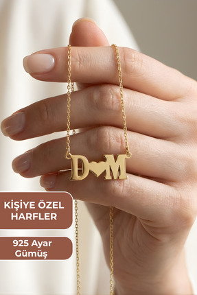 ZOLESSA Kadın 2 Harfli Kalpli Çift Kolyesi 14 Ayar Altın Kaplama 925 Ayar Kar...