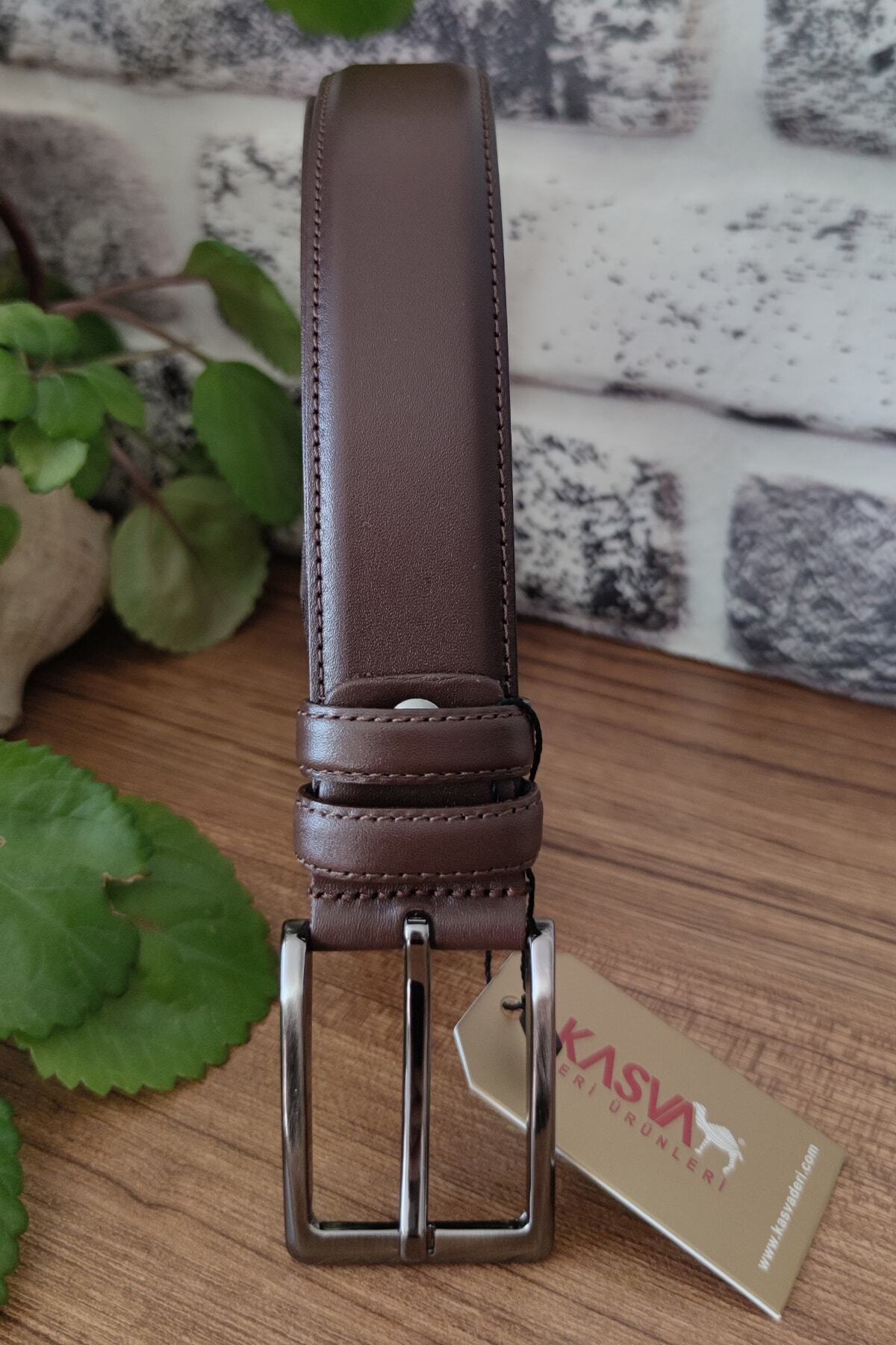KASVA DERİ 3.5 Cm Klasik Kahverengi %100 Orijinal Deri Kemer Hakiki Deri görsel 4
