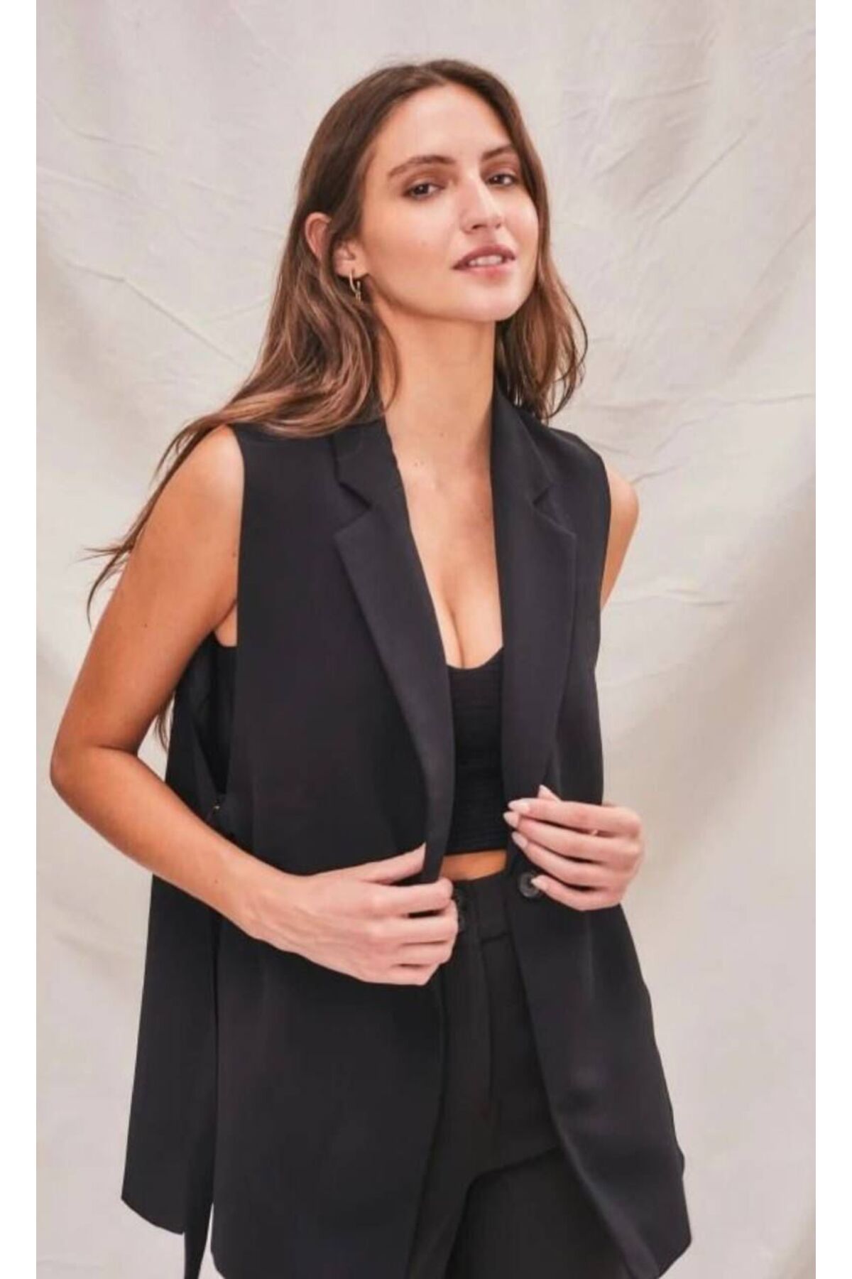 Women's Black Side Slit Tie Detailed Vest