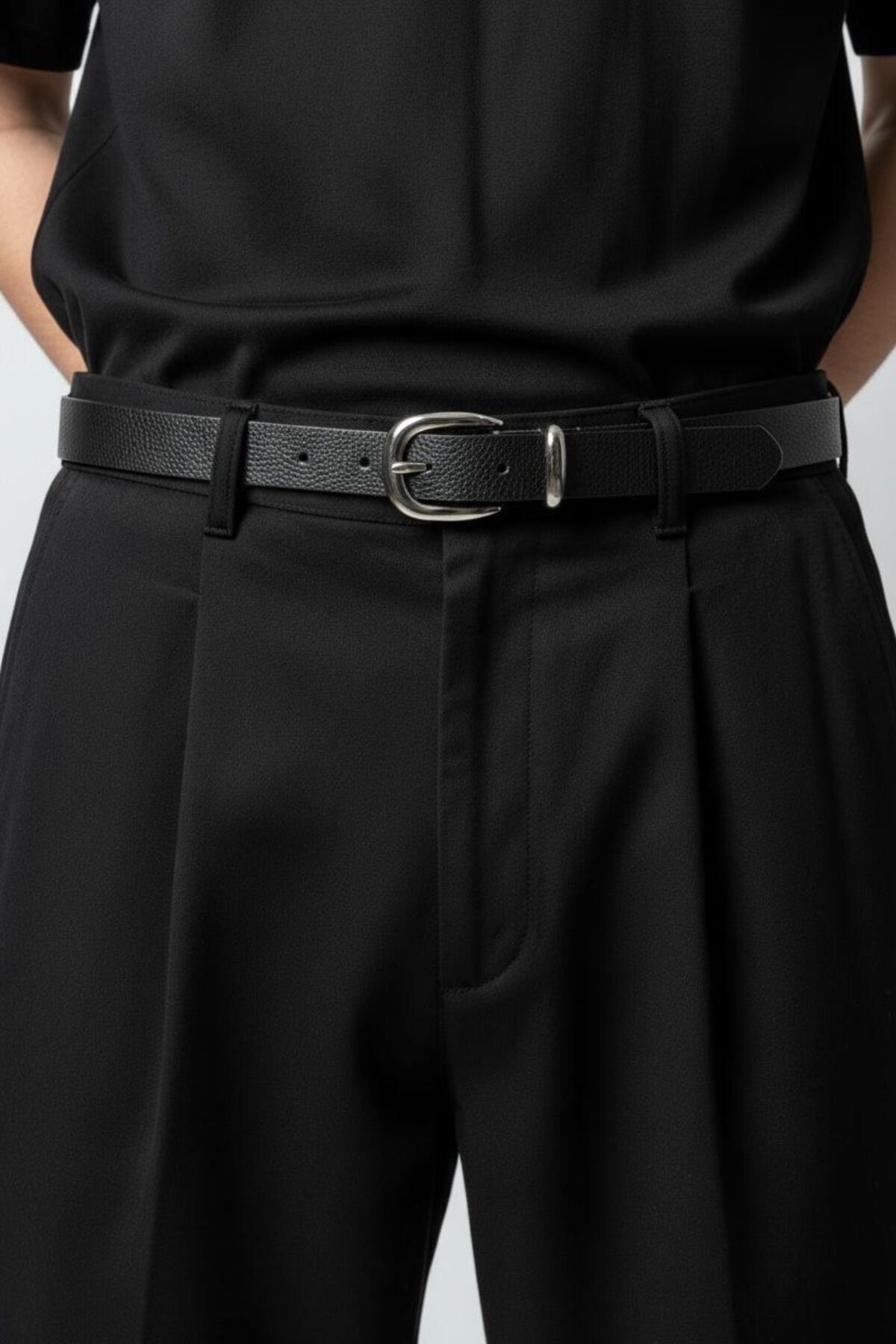 Gesa  Erkek Suni Deri Nikel Tokalı Ince Old Money Siyah Kemer 2.5 Cm