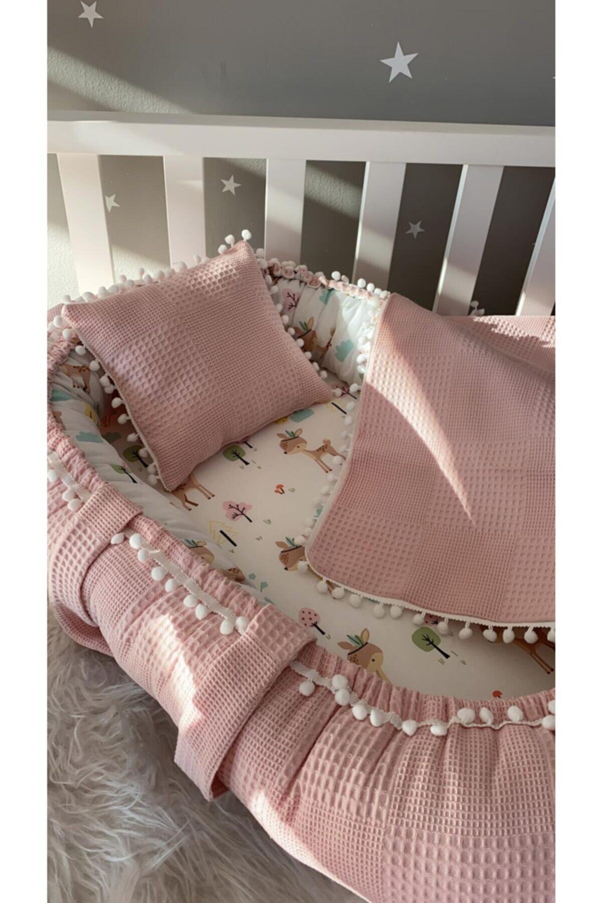 Jaju Baby Babynest Pudra Waffle Pike Kumaş Ceylan Tasarım Ponponlu 3'lü Jaju-babynest Set fotoğrafı 3 (önizleme)