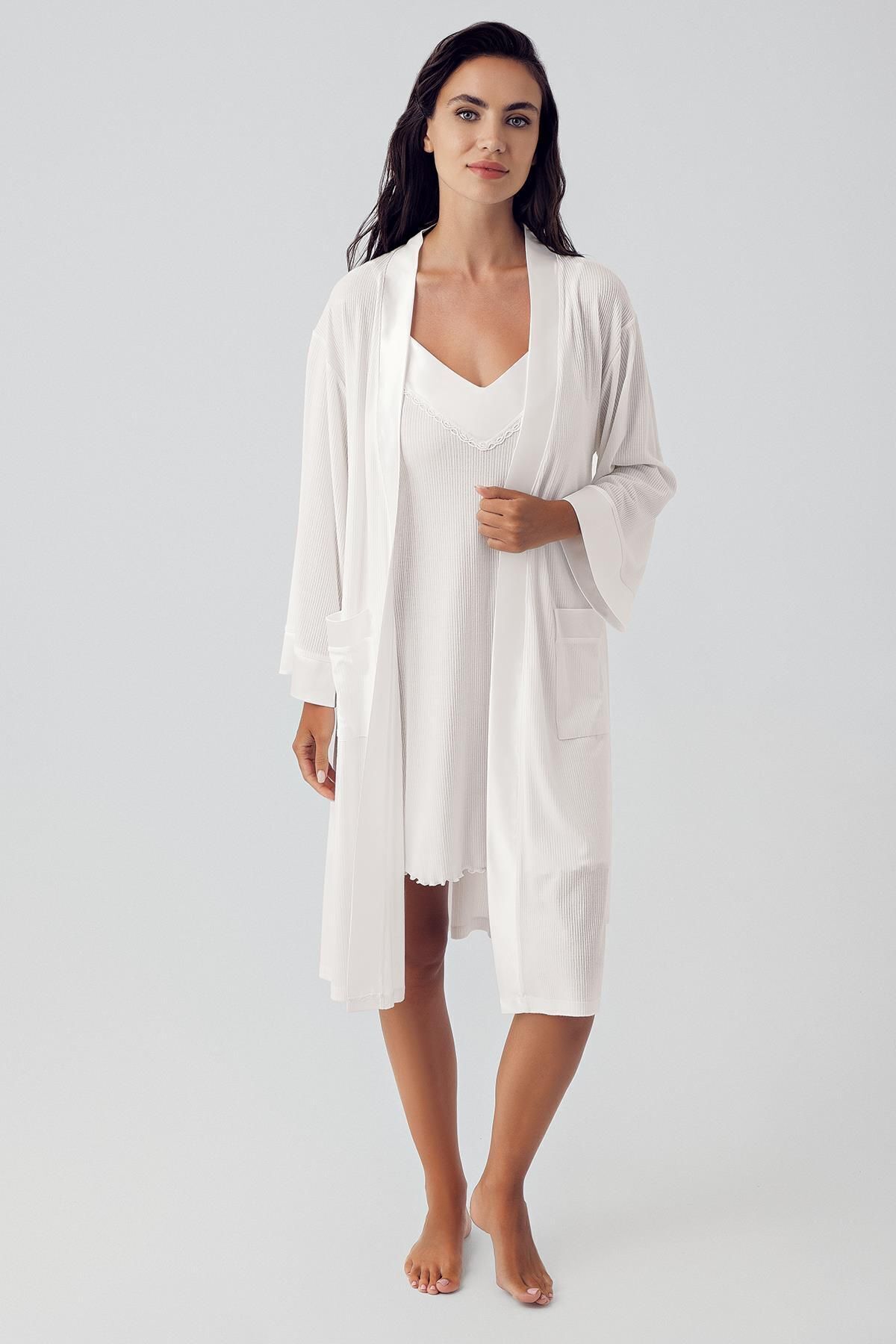 Artış Kadın Esnek Viskoz Kısa Askılı Sabahlık Gecelik Takım