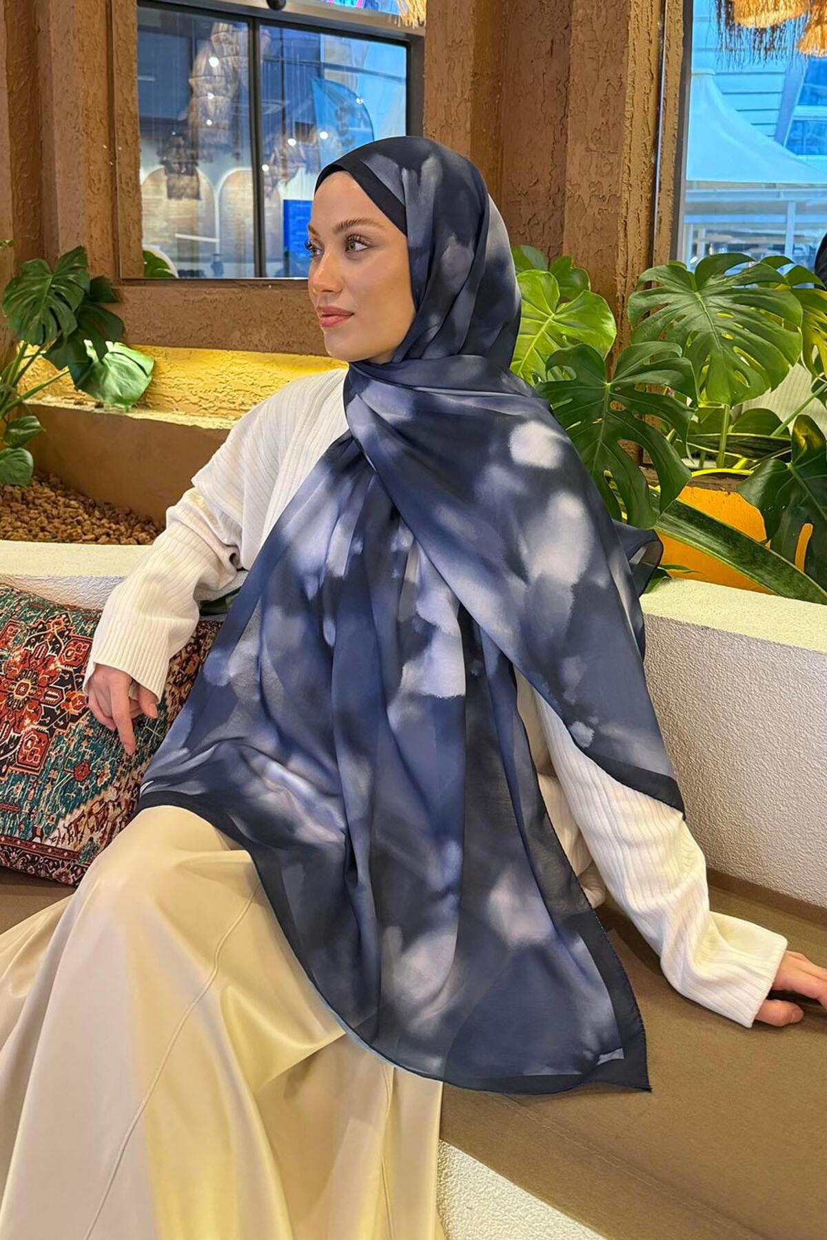 lamelif Batik Desen Soft Şal Lacivert görsel 4