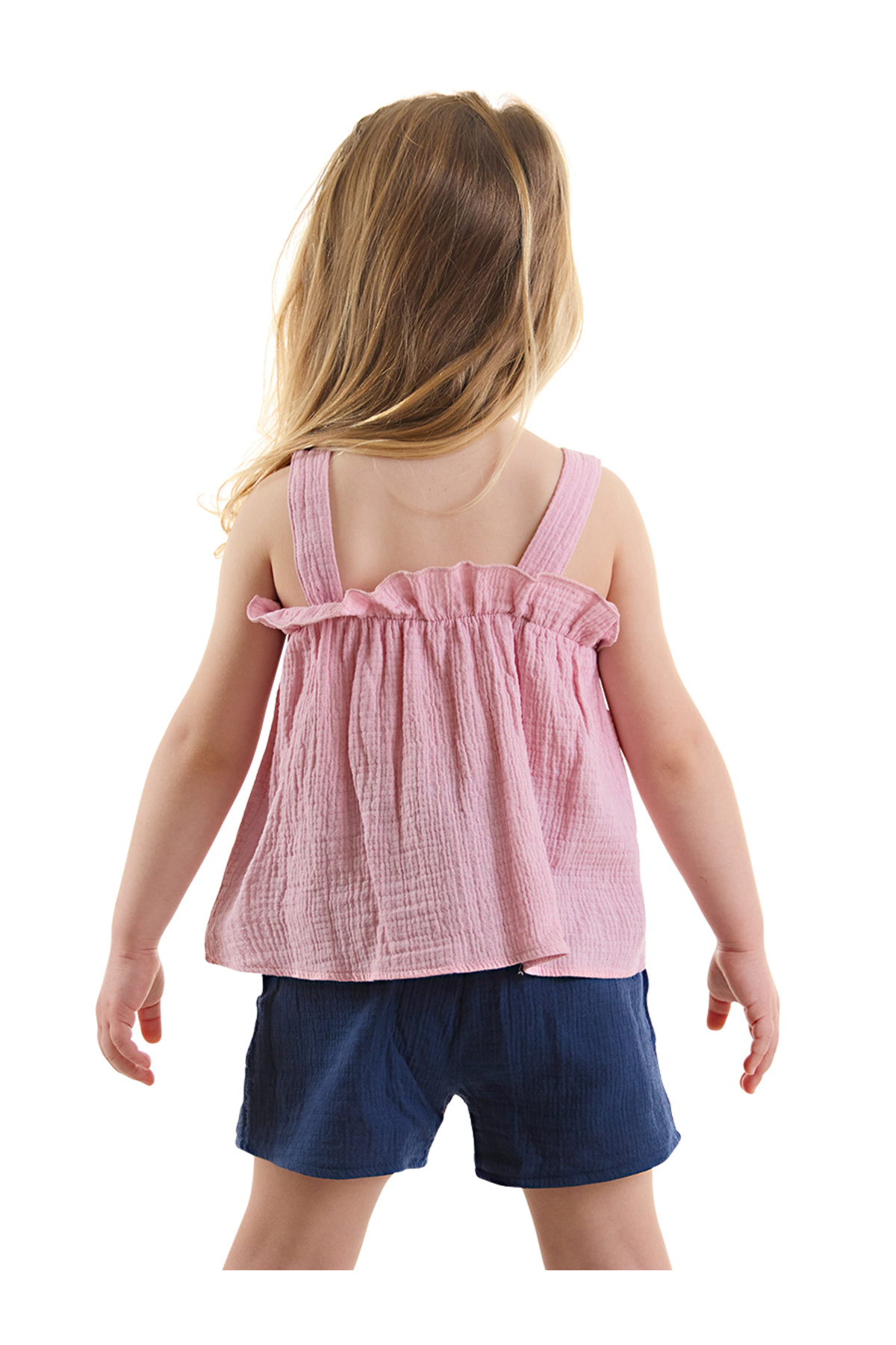 Denokids Kız Bebek Çocuk Pembe Yazlık Müslin Askılı Bluz Şort Takım fotoğrafı 2 (önizleme)