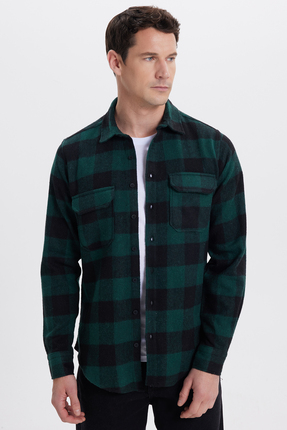 Tudors Erkek Slim Fit Dar Kesim Uzun Kollu Kapaklı Çift Cepli Kareli Kışlık O...