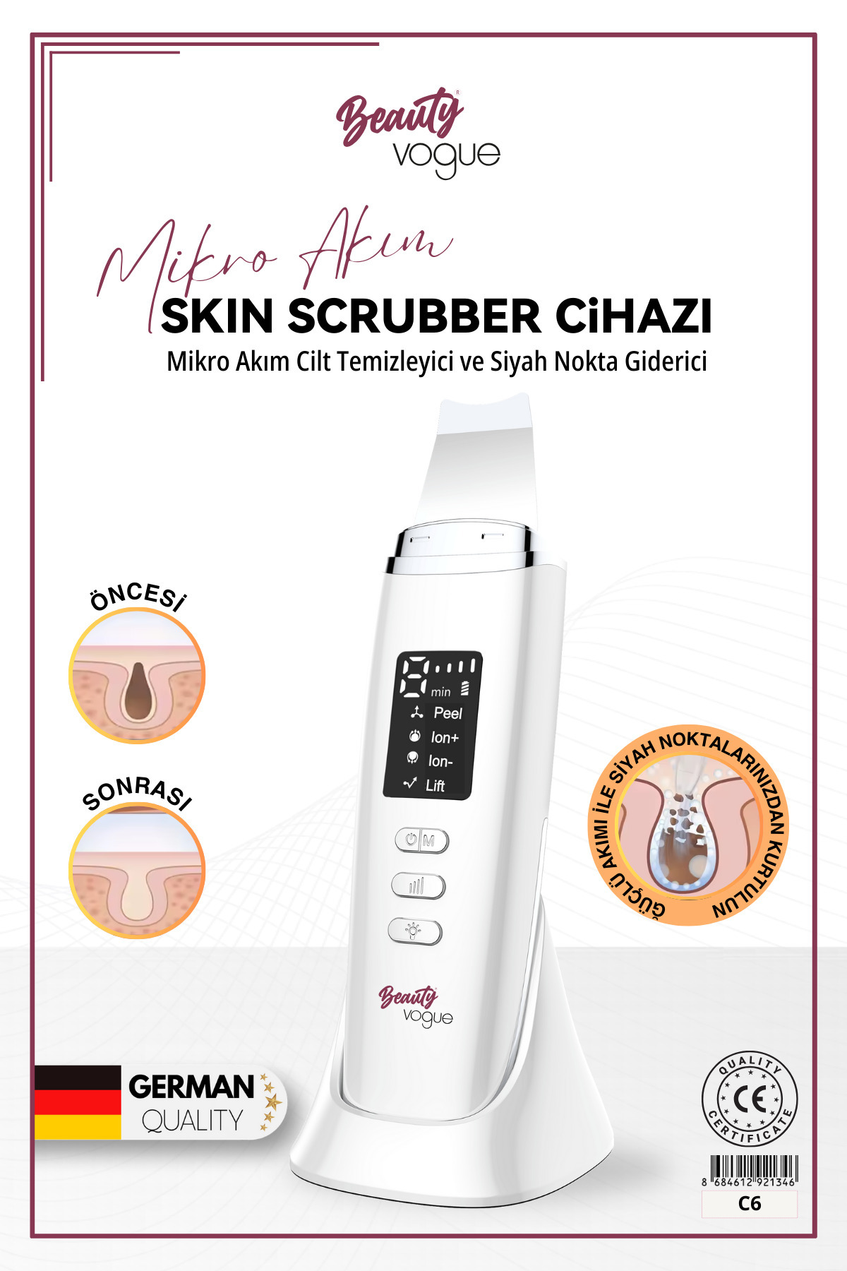 C6 Şarj Standlı Ultrasonik Cilt Temizleme Cihazı - Siyah Nokta Giderici & LCD Ekranlı Scrubber - Spatula - Cilt bakım Cihazı - Led Işık Terapili — سفید YNGC6197436 — تصویر 2 از 8